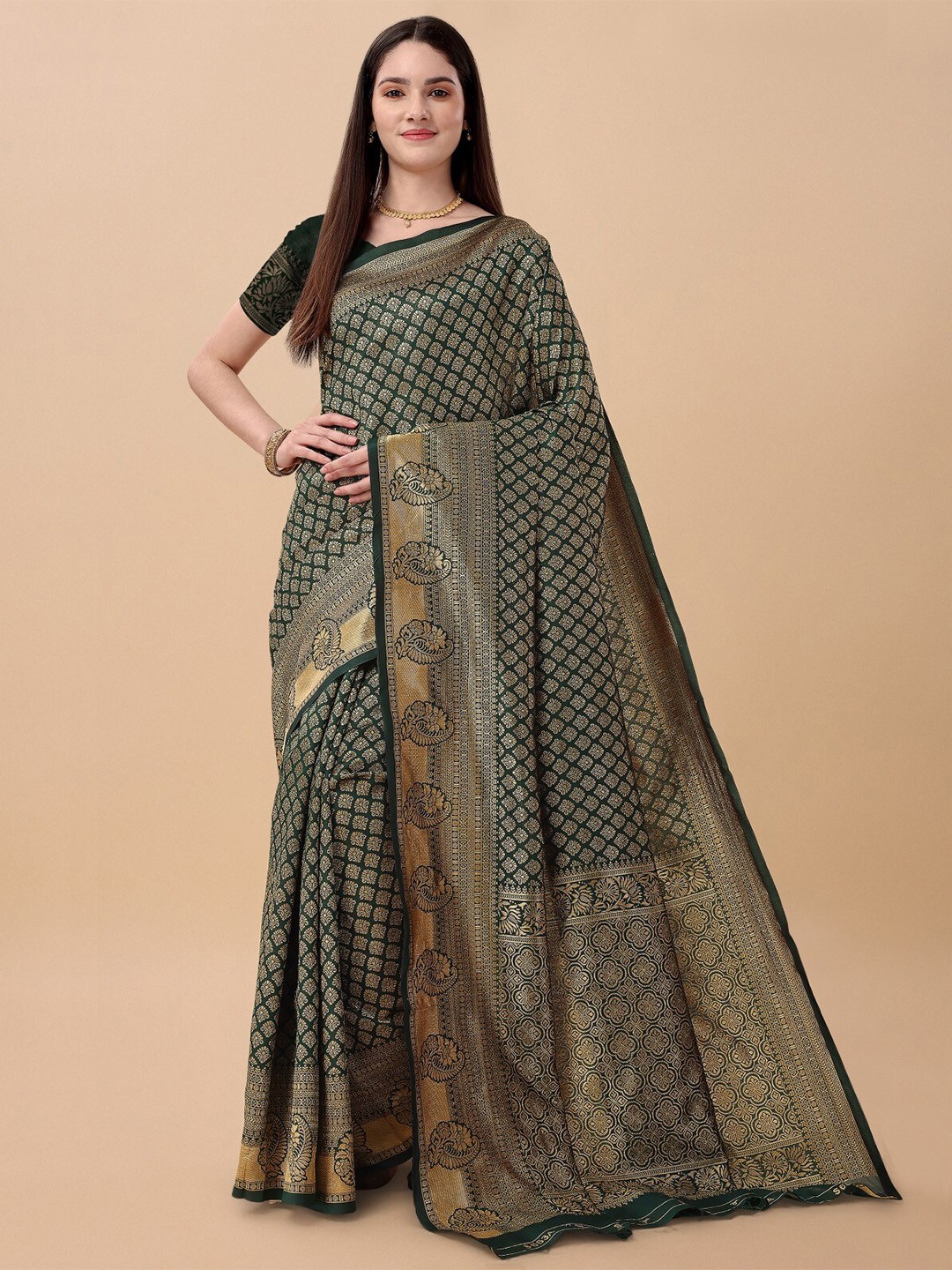 

TEREZA Ethinic Motif Zari Pure Silk Kanjeevaram Saree, Green