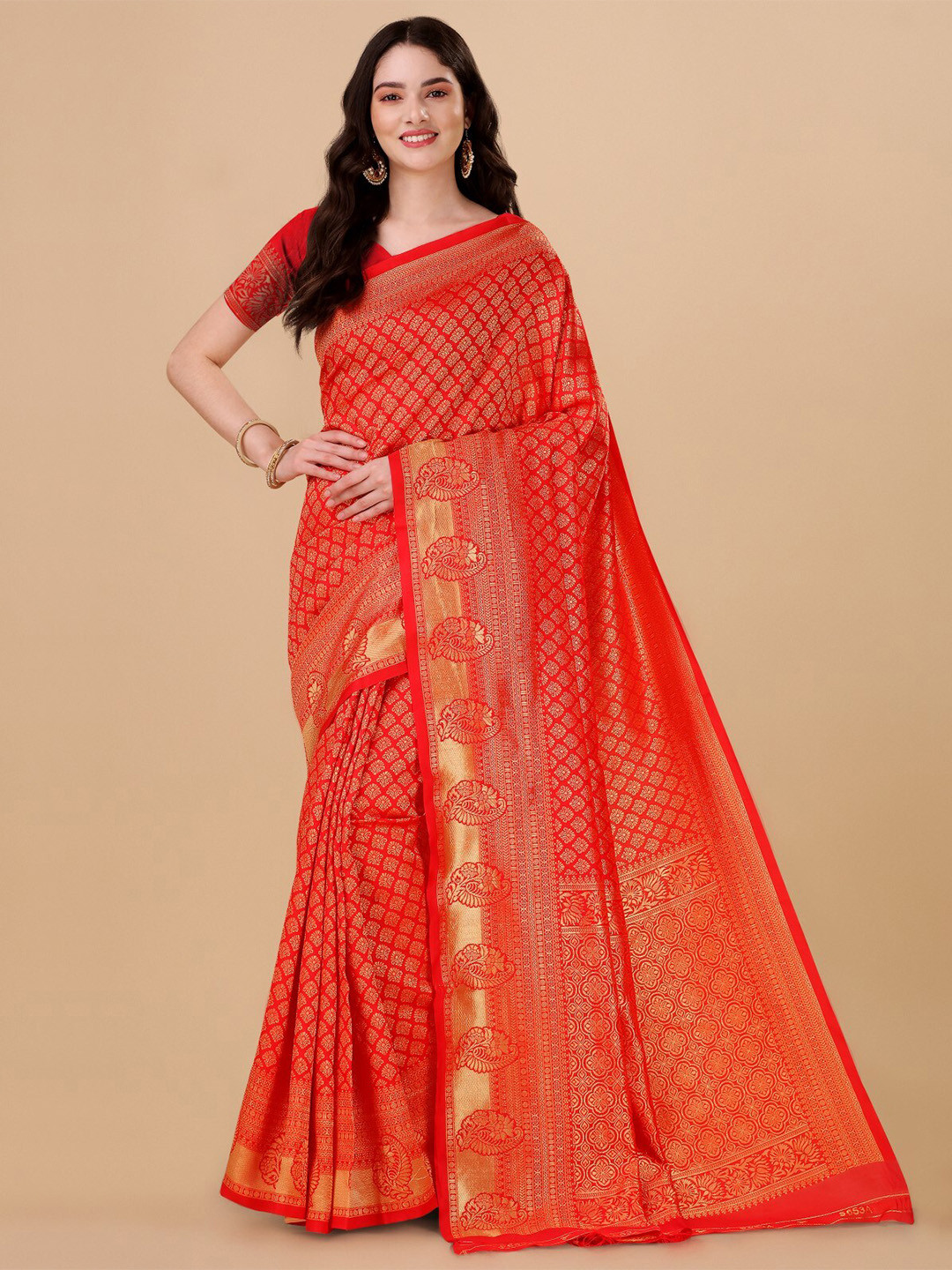 

TEREZA Woven Design Zari Pure Silk Kanjeevaram Saree, Red