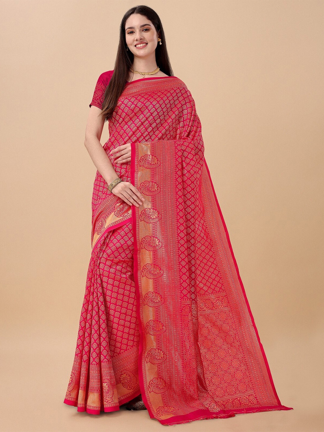

TEREZA Woven Design Zari Pure Silk Kanjeevaram Saree, Pink