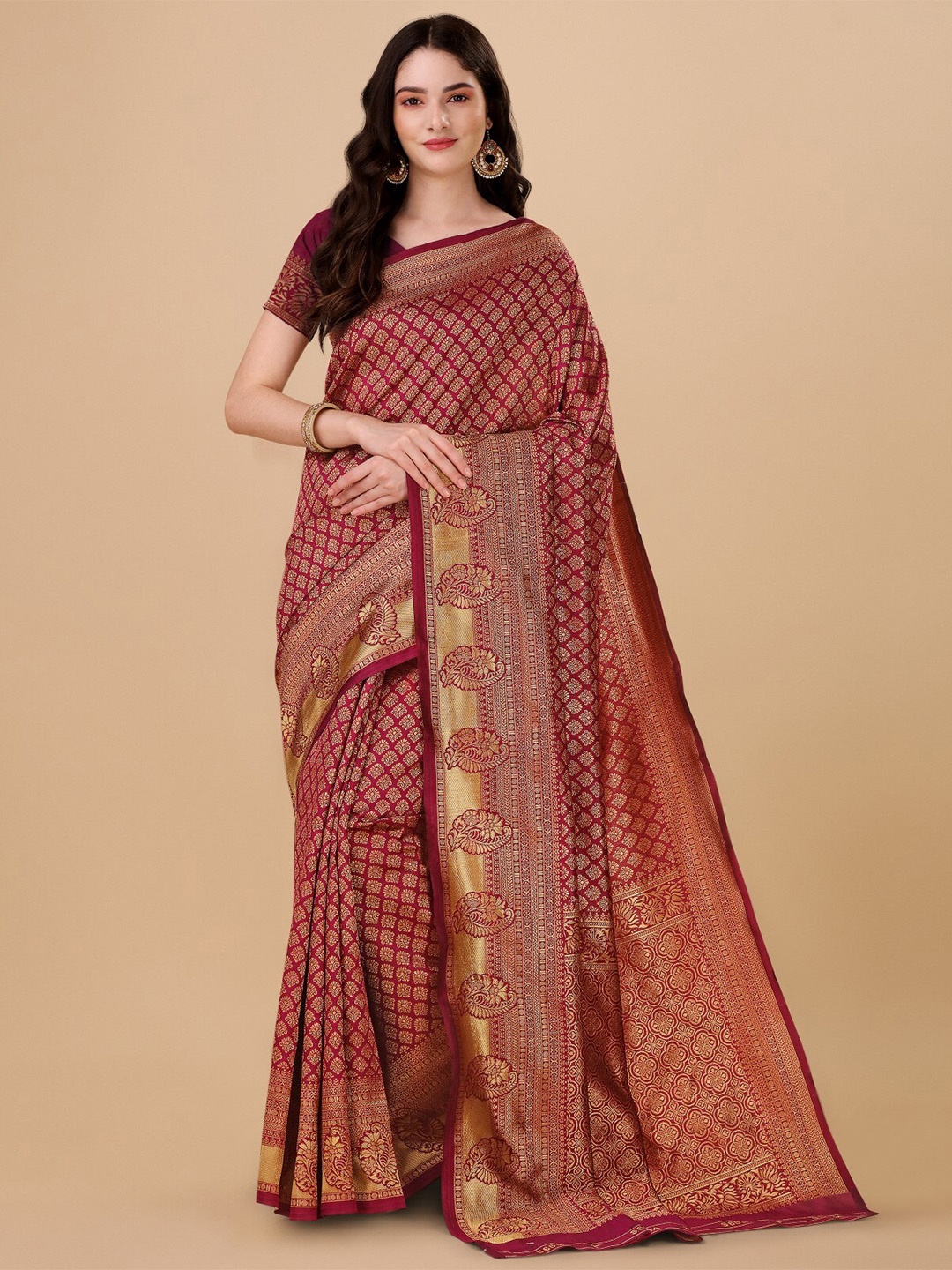 

TEREZA Woven Design Zari Pure Silk Kanjeevaram Saree, Maroon