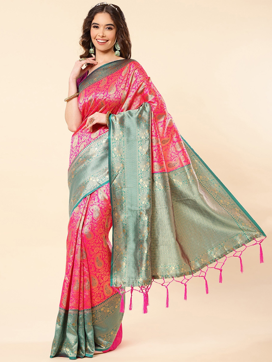 

TEREZA Paisley Woven Design Pure Silk Kanjeevaram Saree, Pink