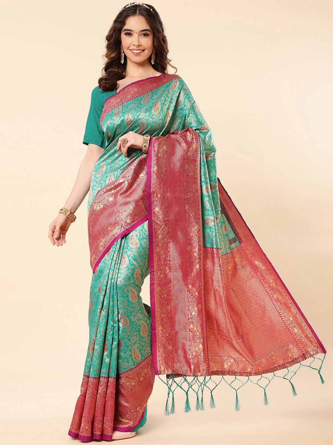 

TEREZA Paisley Motifs Zari Pure Silk Kanjeevaram Saree, Turquoise blue
