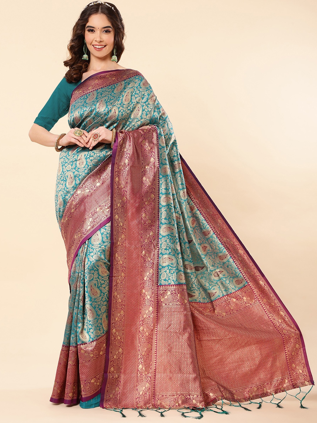 

TEREZA Paisley Motifs Zari Pure Silk Kanjeevaram Saree, Teal