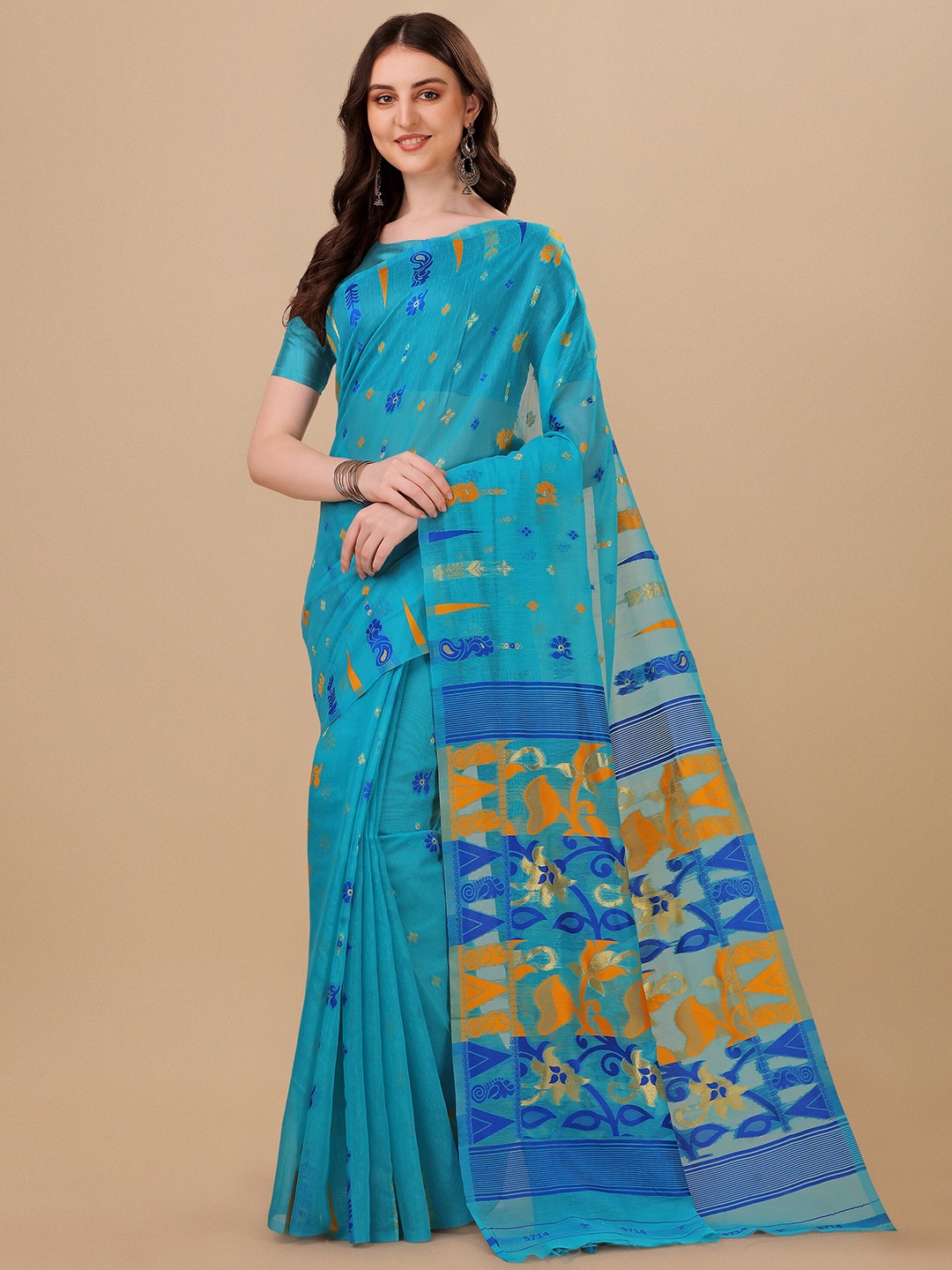 

TEREZA Woven Design Zari Jamdani Saree, Turquoise blue
