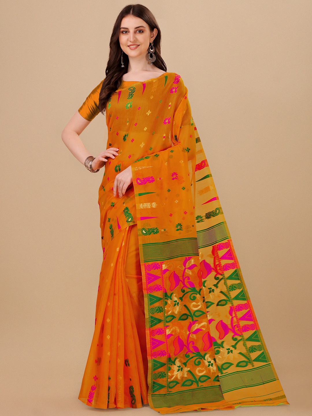 

TEREZA Woven Design Jamdani Saree, Orange