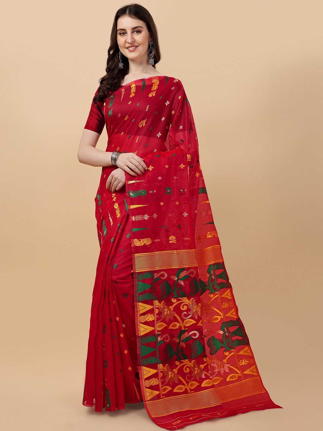 

TEREZA Ethnic Motifs Jamdani Saree, Red