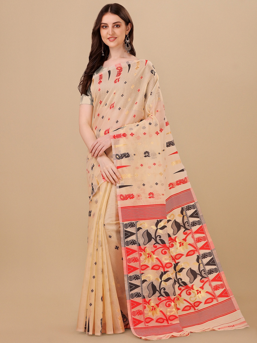 

TEREZA Ethnic Motifs Jamdani Saree, Beige