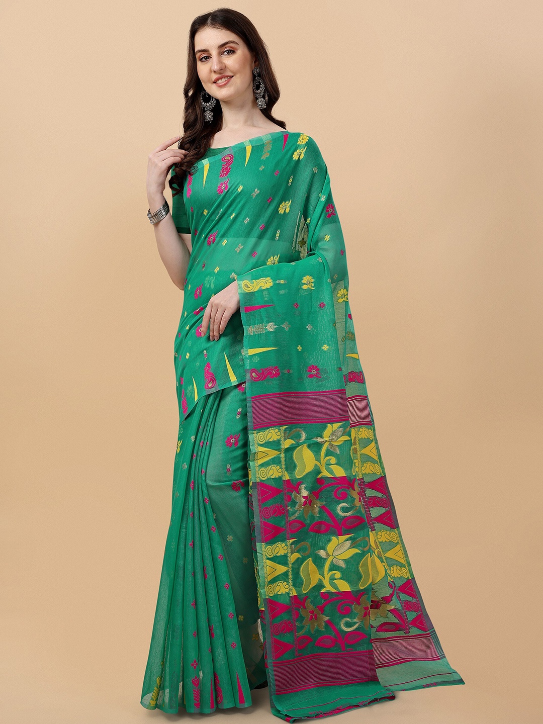 

TEREZA Ethnic Motifs Jamdani Saree, Green