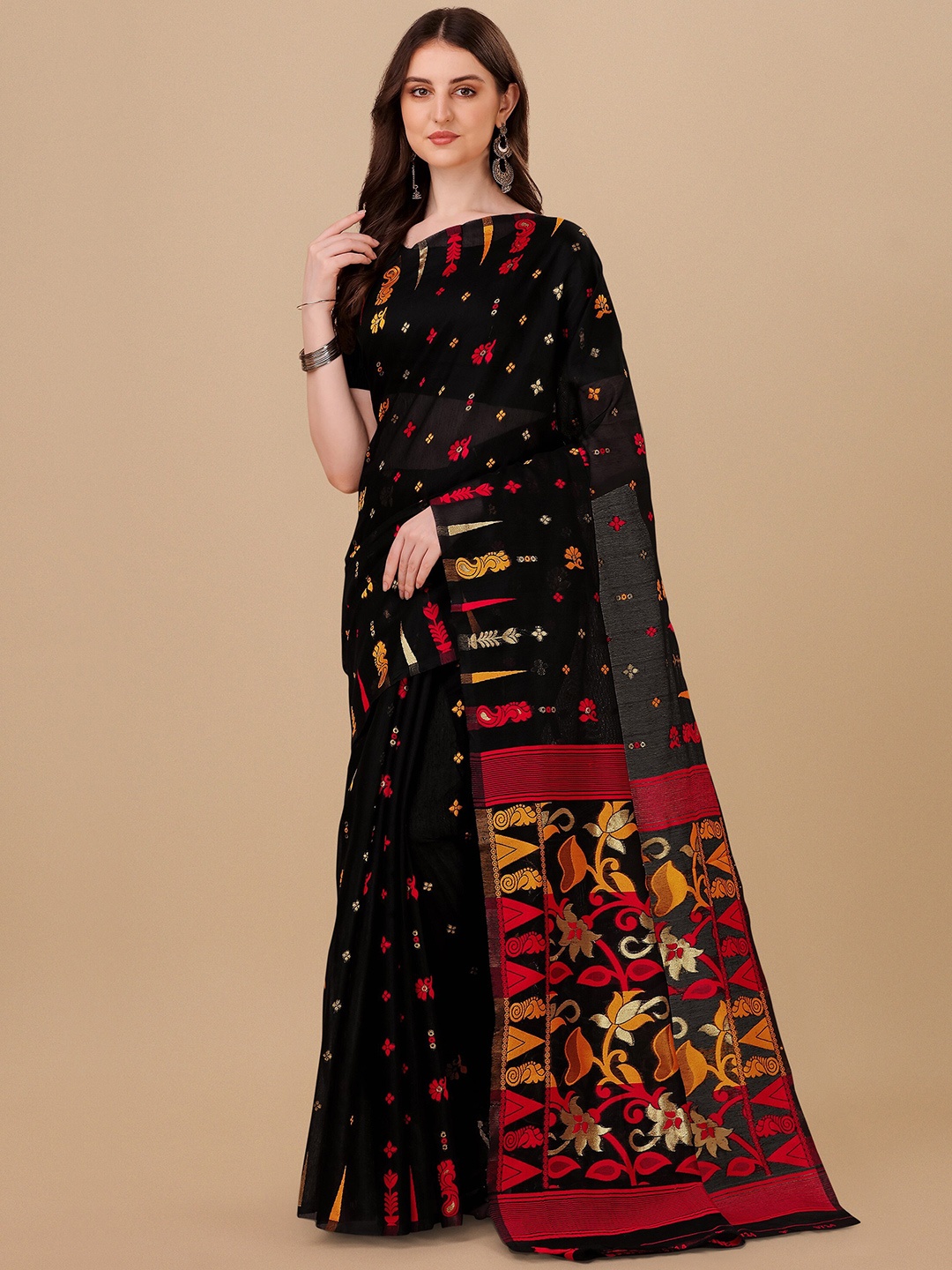 

TEREZA Ethnic Motifs Jamdani Saree, Black