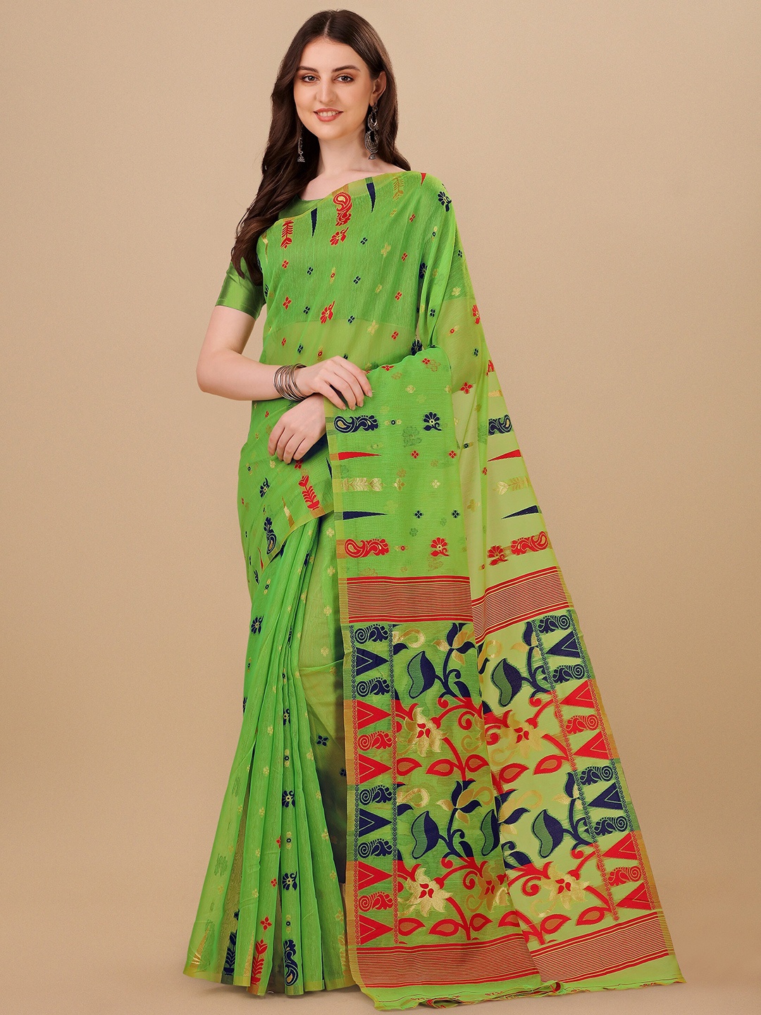 

TEREZA Lime Green & Red Ethnic Motifs Jamdani Saree