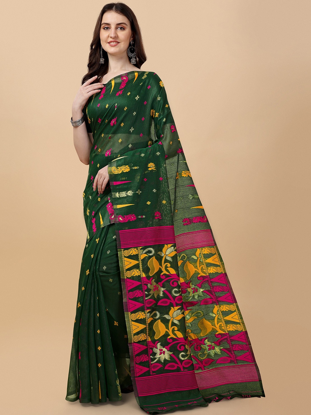

TEREZA Ethnic Motifs Jamdani Saree, Green