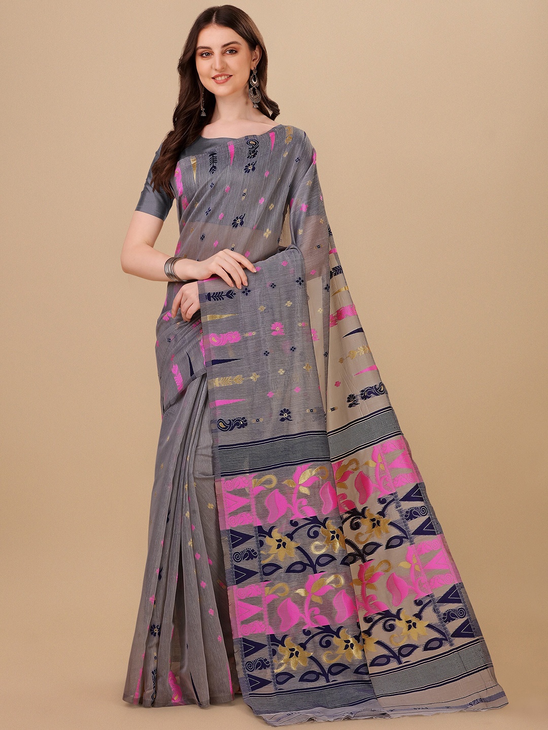 

TEREZA Grey & Pink Ethnic Motifs Jamdani Saree