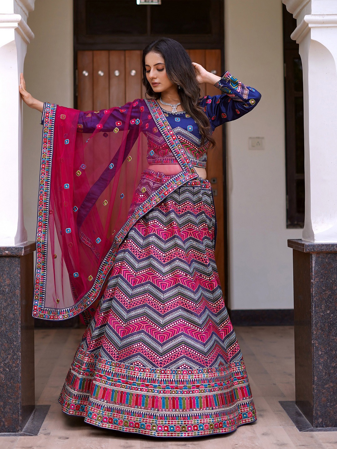 

ASPORA Embroidered Mirror Work Semi-Stitched Lehenga & Unstitched Blouse With Dupatta, Navy blue