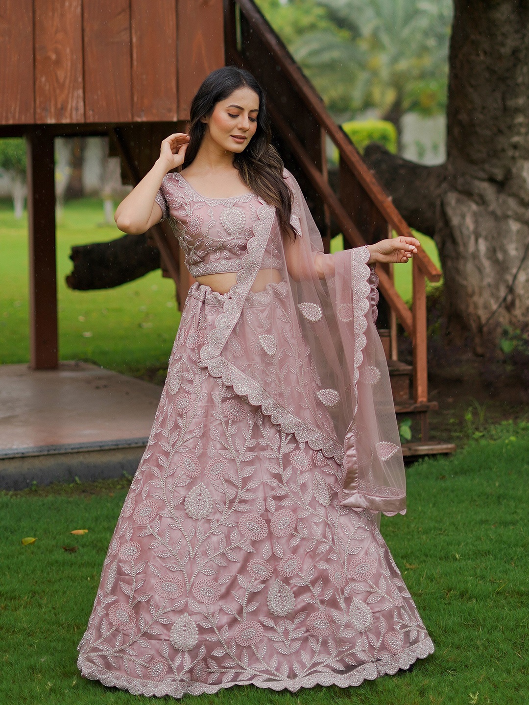 

ASPORA Embroidered Beads and Stones Semi-Stitched Lehenga & Unstitched Blouse With Dupatta, Lavender