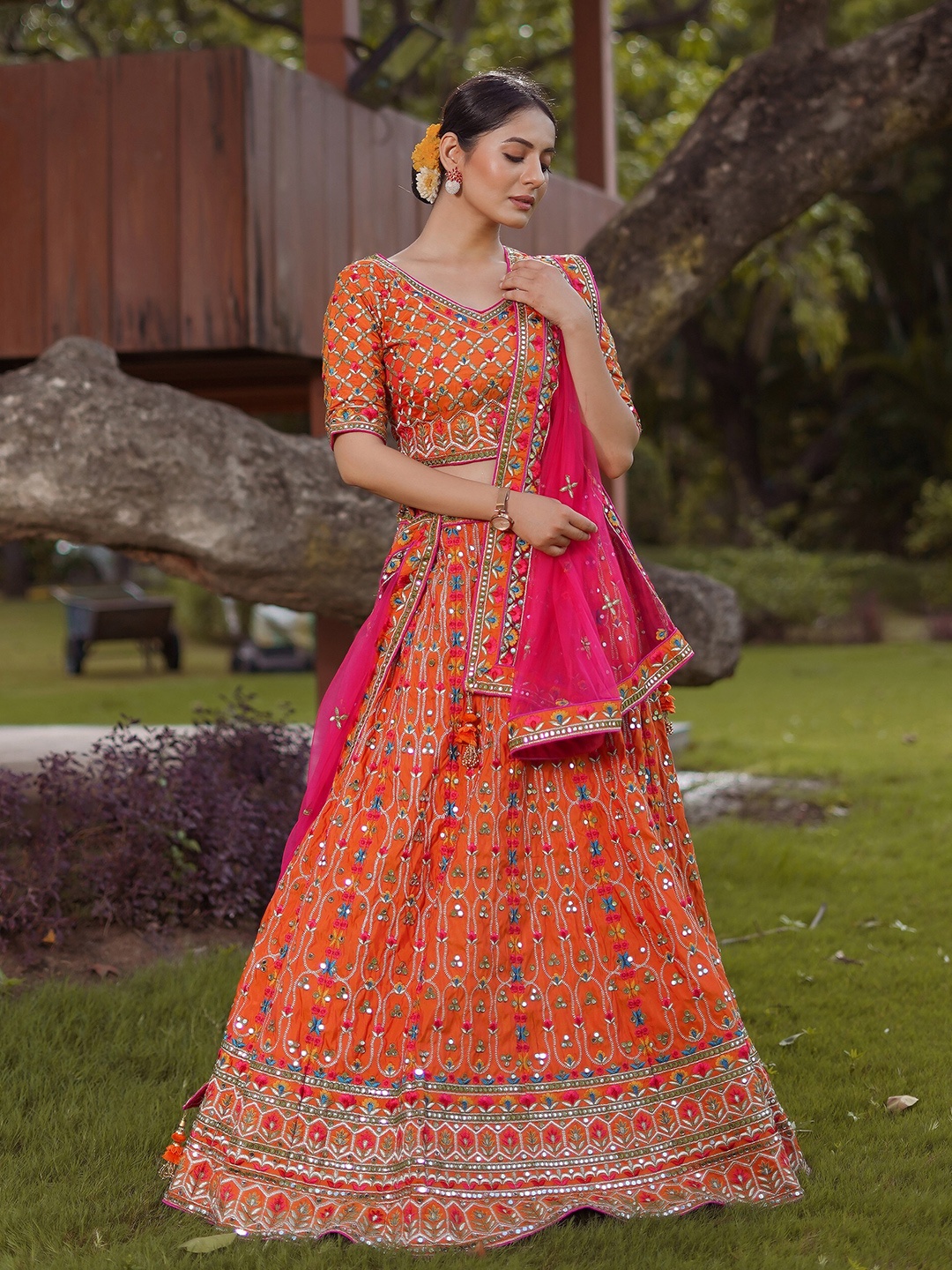 

ASPORA Embroidered Mirror Work Semi-Stitched Lehenga & Unstitched Blouse With Dupatta, Orange