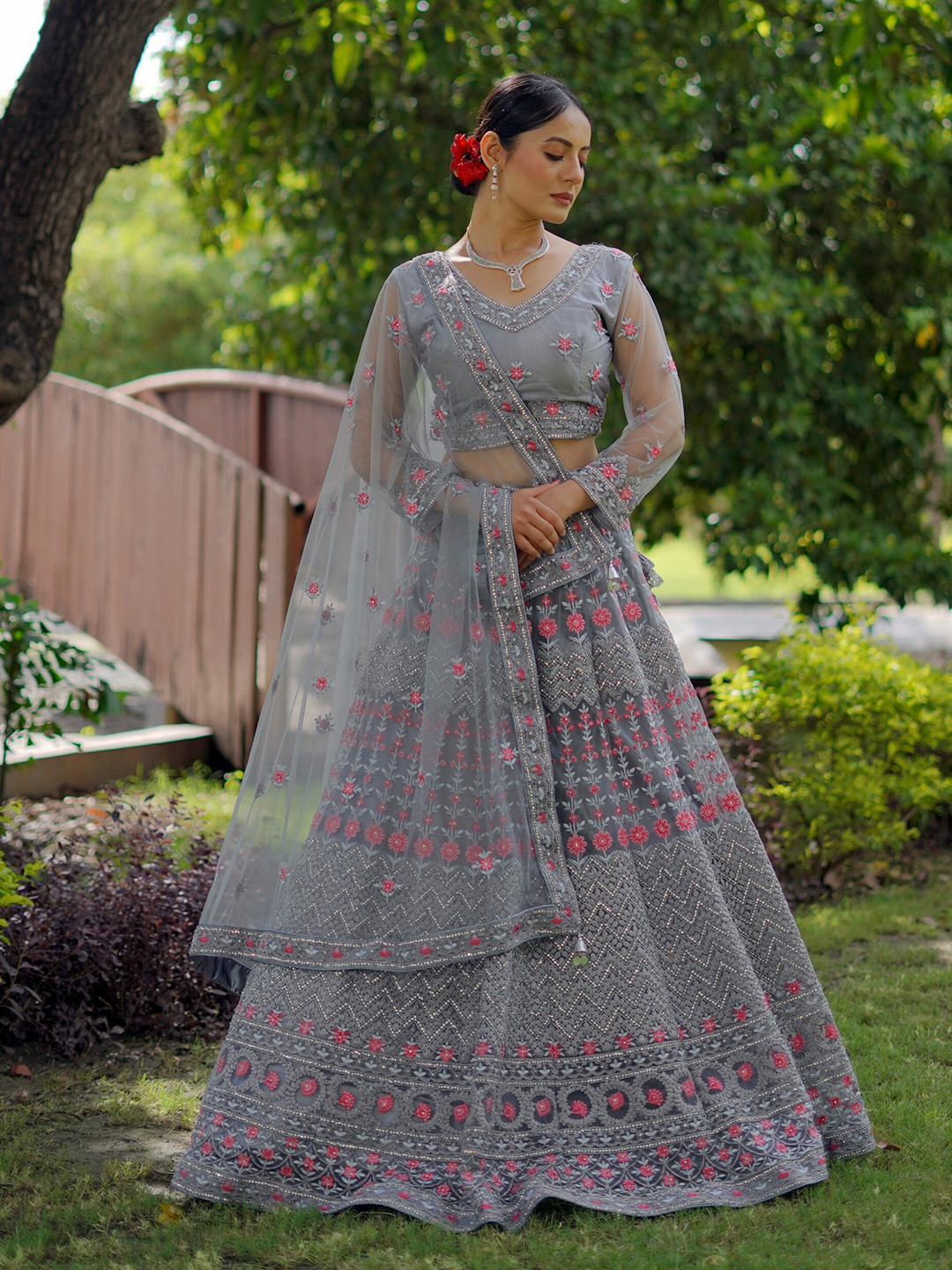 

ASPORA Embroidered Beads and Stones Semi-Stitched Lehenga & Unstitched Blouse With Dupatta, Grey