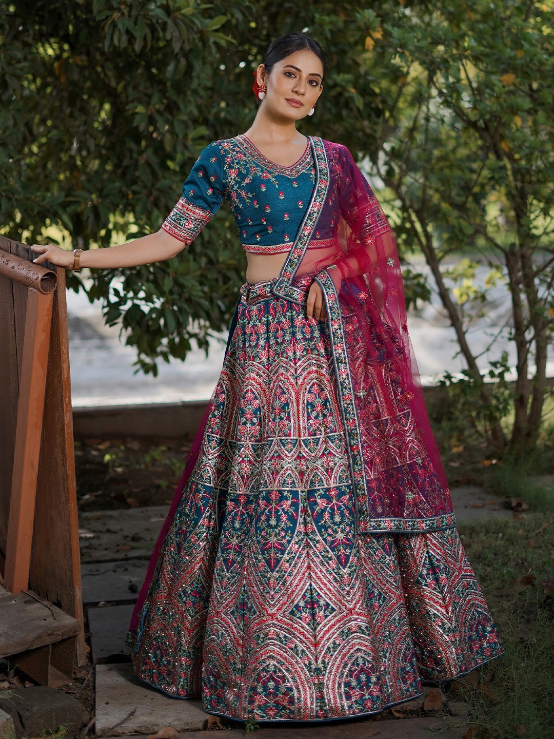

ASPORA Embroidered Sequinned Semi-Stitched Lehenga & Unstitched Blouse With Dupatta, Turquoise blue