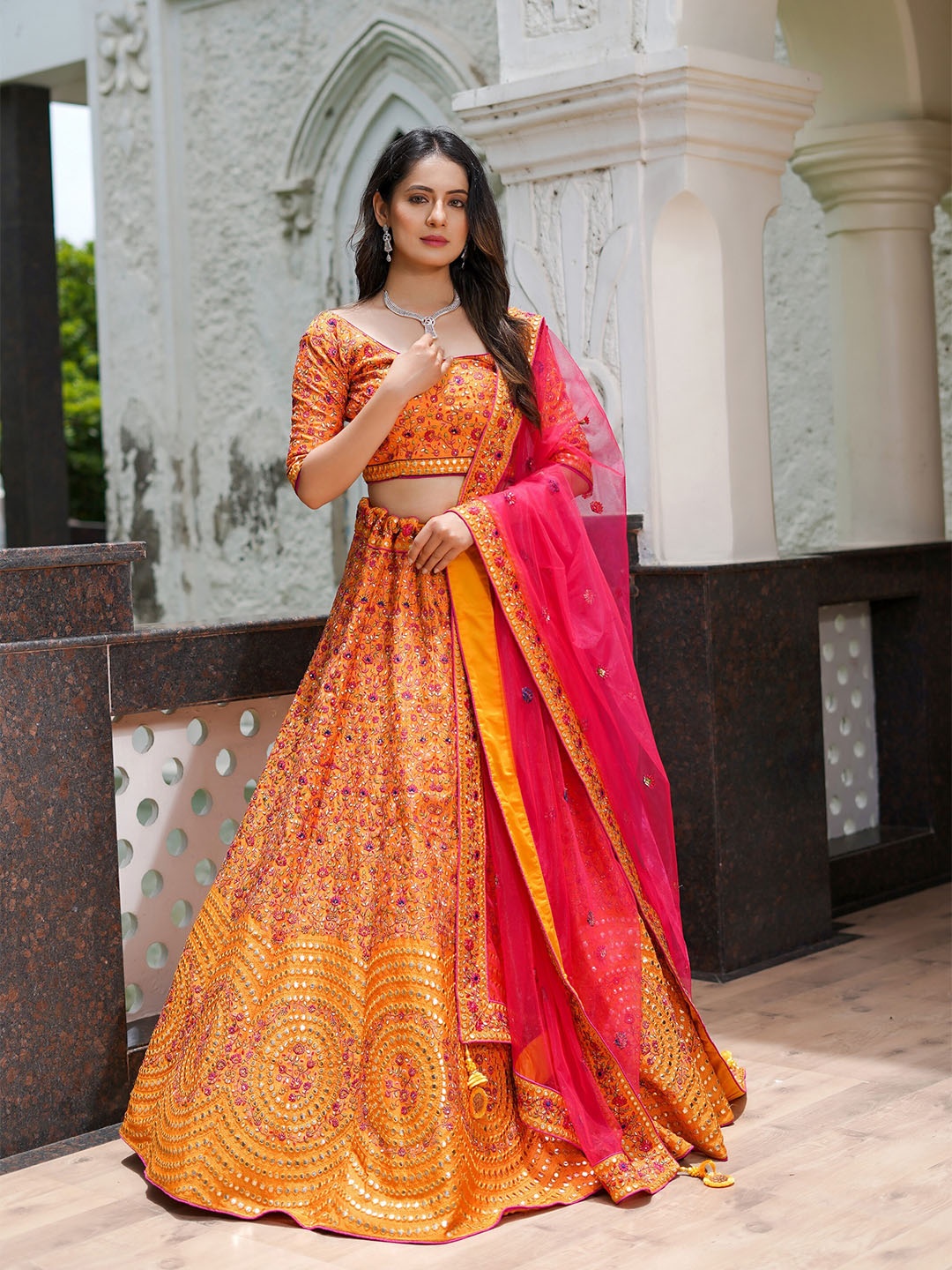 

ASPORA Embroidered Beads and Stones Semi-Stitched Lehenga & Unstitched Blouse With Dupatta, Yellow