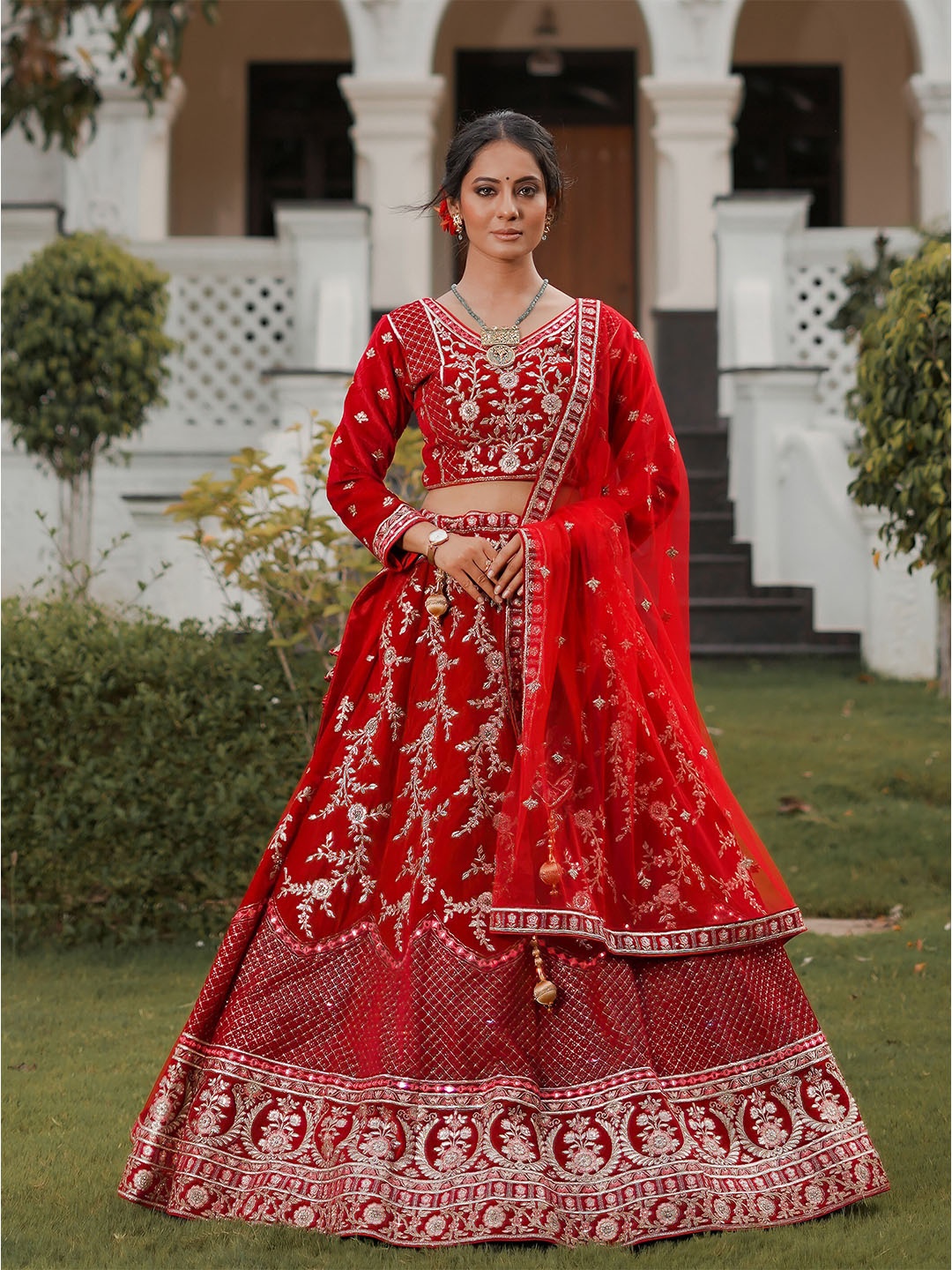 

ASPORA Embroidered Sequinned Semi-Stitched Lehenga & Unstitched Blouse With Dupatta, Red