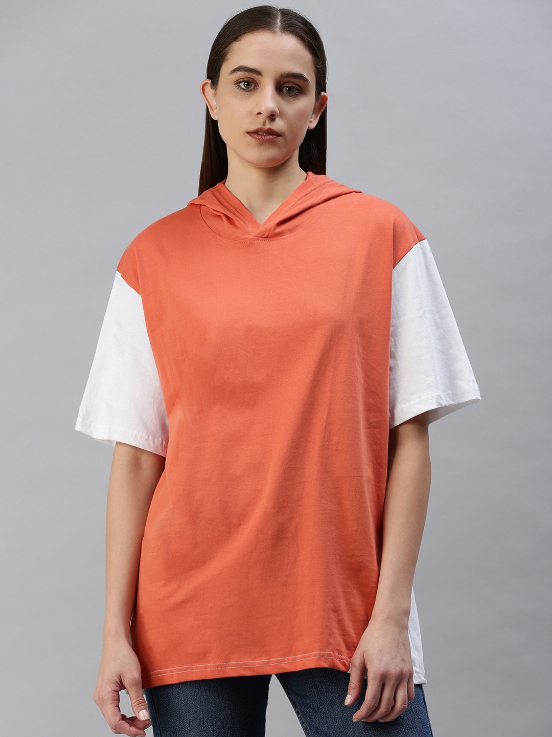 

Rodzen Women Colourblocked Pure Cotton Loose T-shirt, Peach
