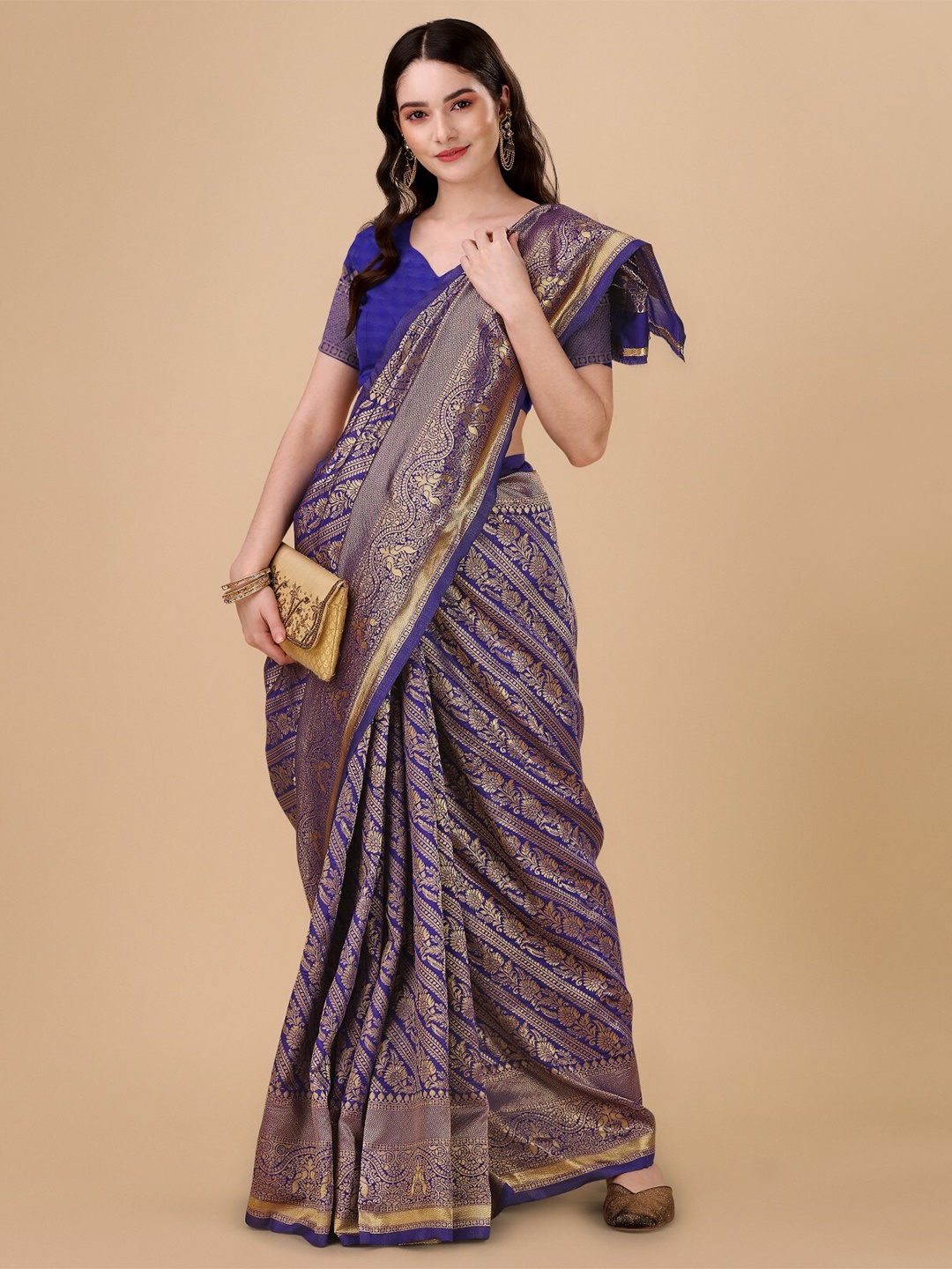 

TEREZA Floral Woven Design Pure Silk Kanjeevaram Saree, Navy blue