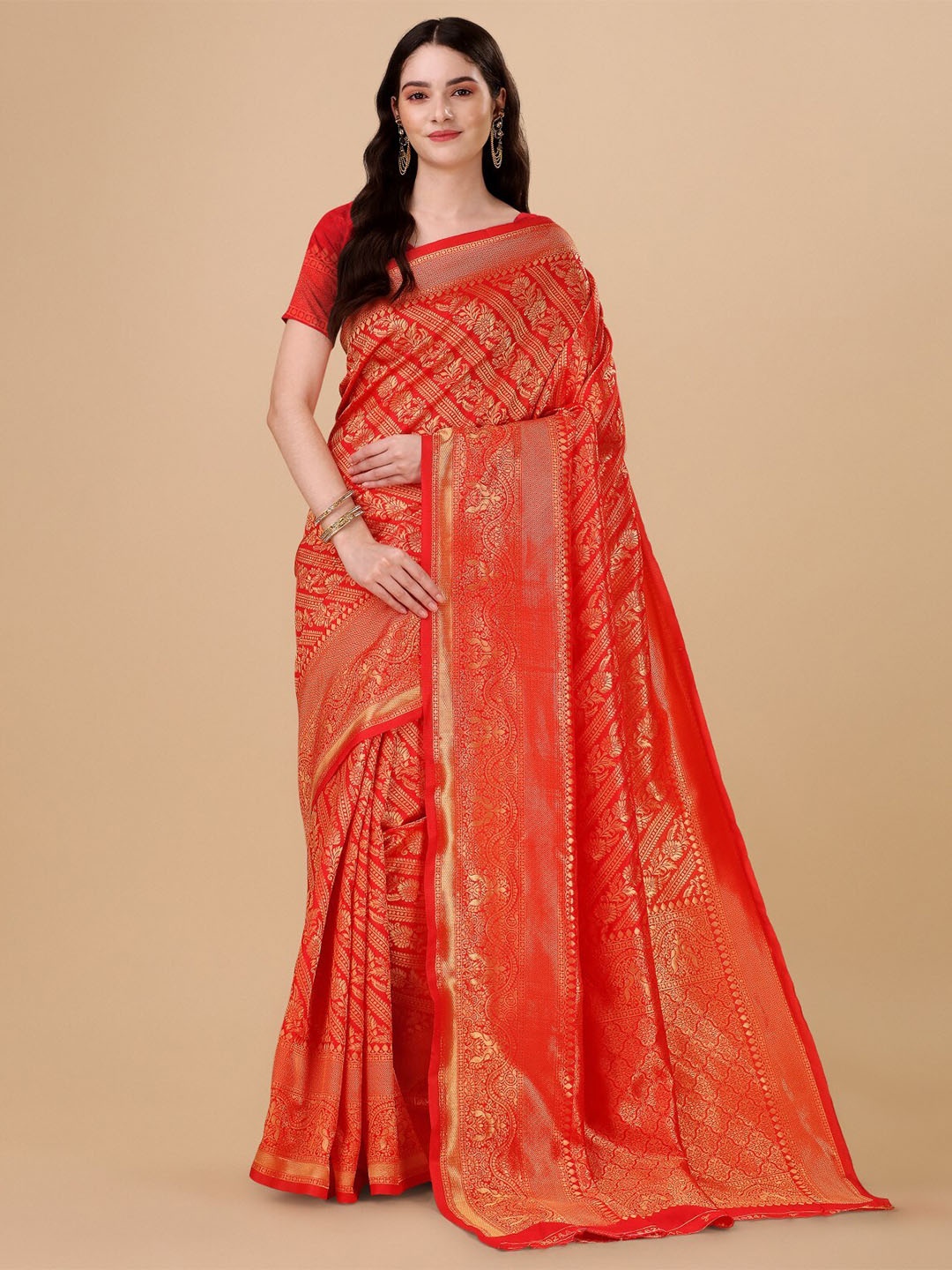 

TEREZA Ethinic Motif Zari Pure Silk Kanjeevaram Saree, Red