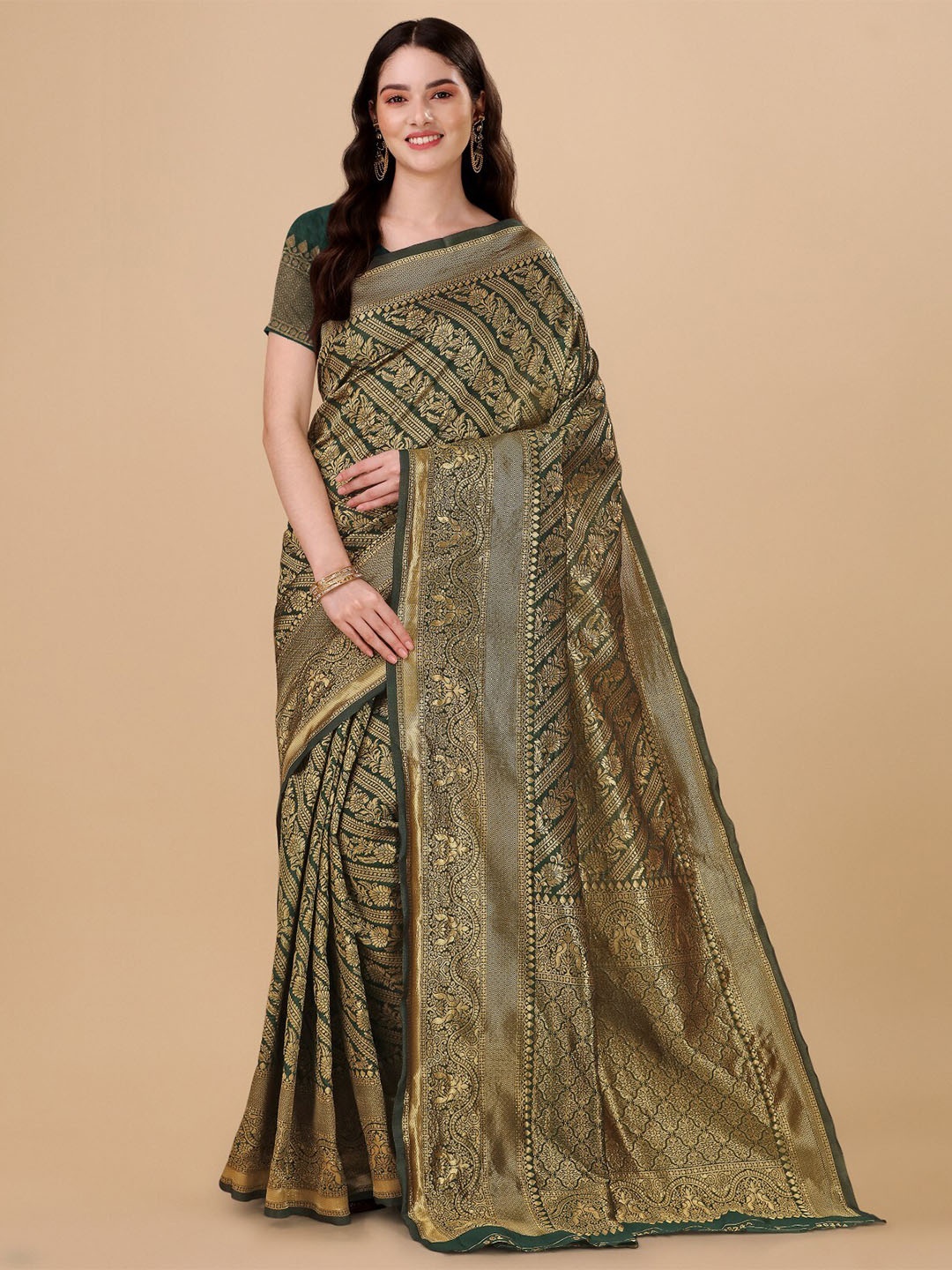 

TEREZA Ethinic Motif Zari Pure Silk Kanjeevaram Saree, Green