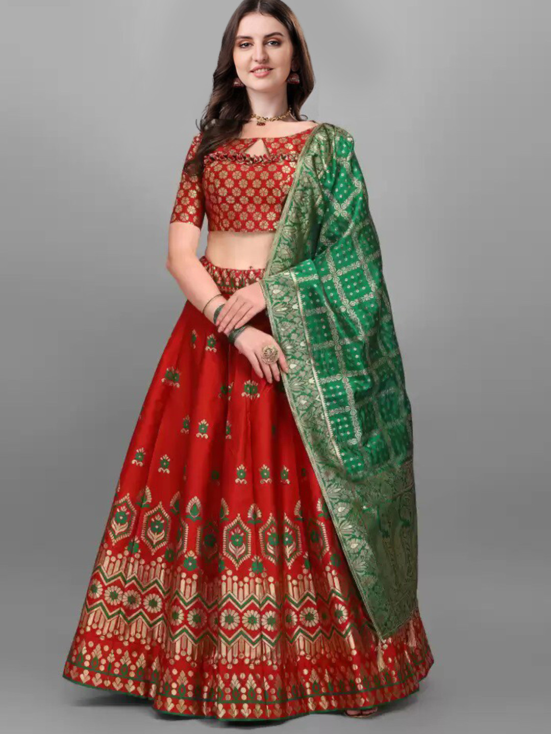 

Fashion Basket Printed Semi-Stitched Lehenga & Unstitched Blouse With Dupatta, Red