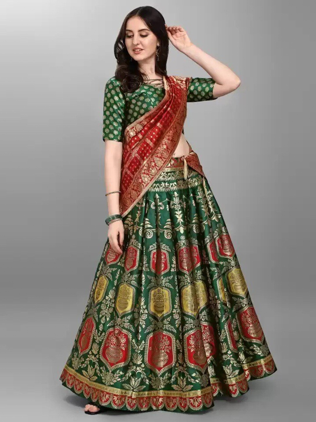 

Fashion Basket Semi-Stitched Lehenga & Unstitched Blouse With Dupatta, Green