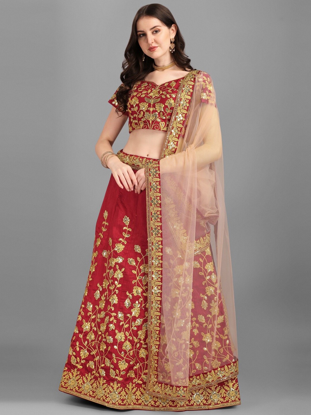 Fashion Basket Embroidered Semi-Stitched Lehenga & Unstitched Blouse With Dupatta, Maroon