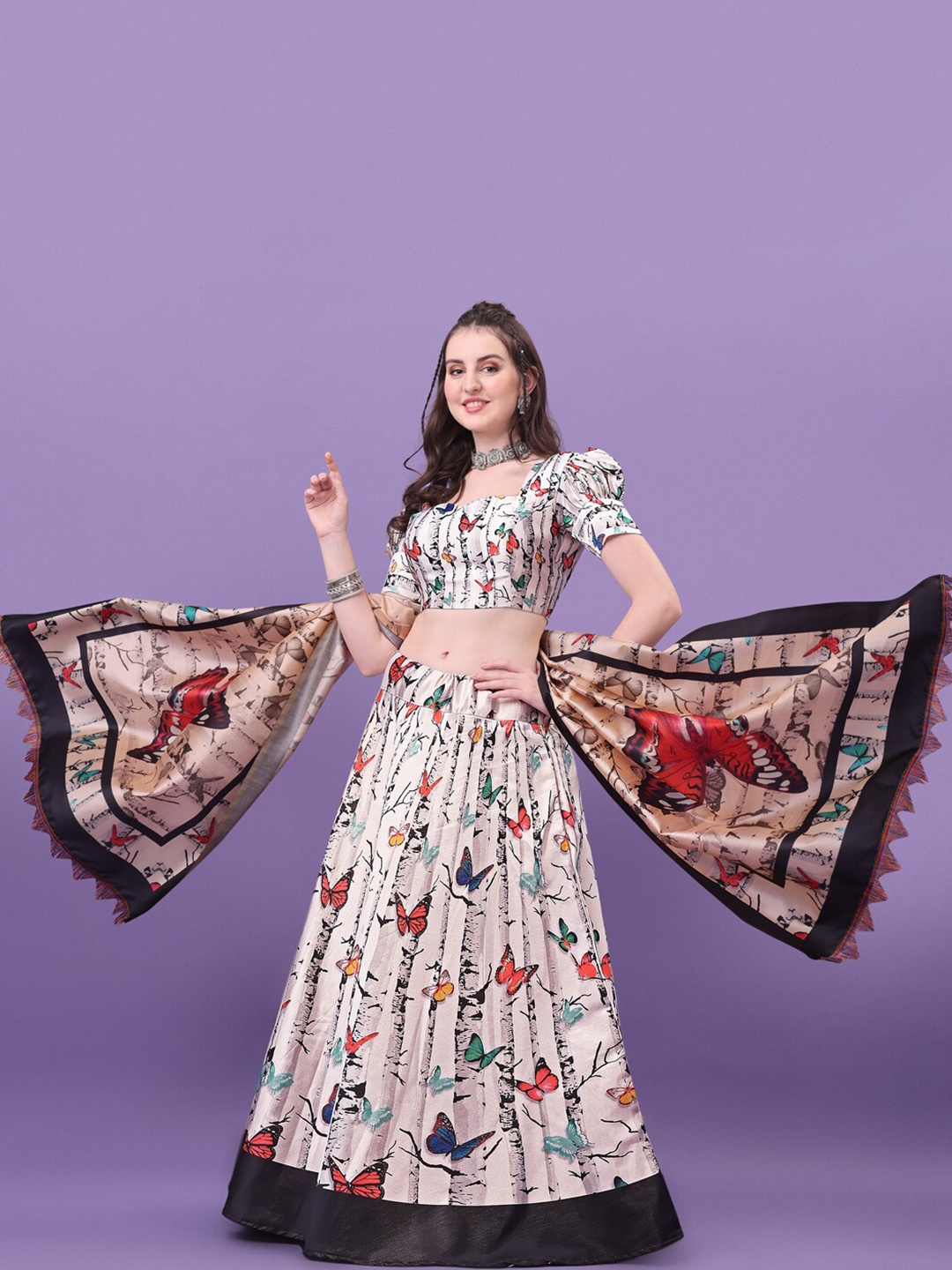 

Fashion Basket Printed Semi-Stitched Lehenga & Unstitched Blouse With Dupatta, White