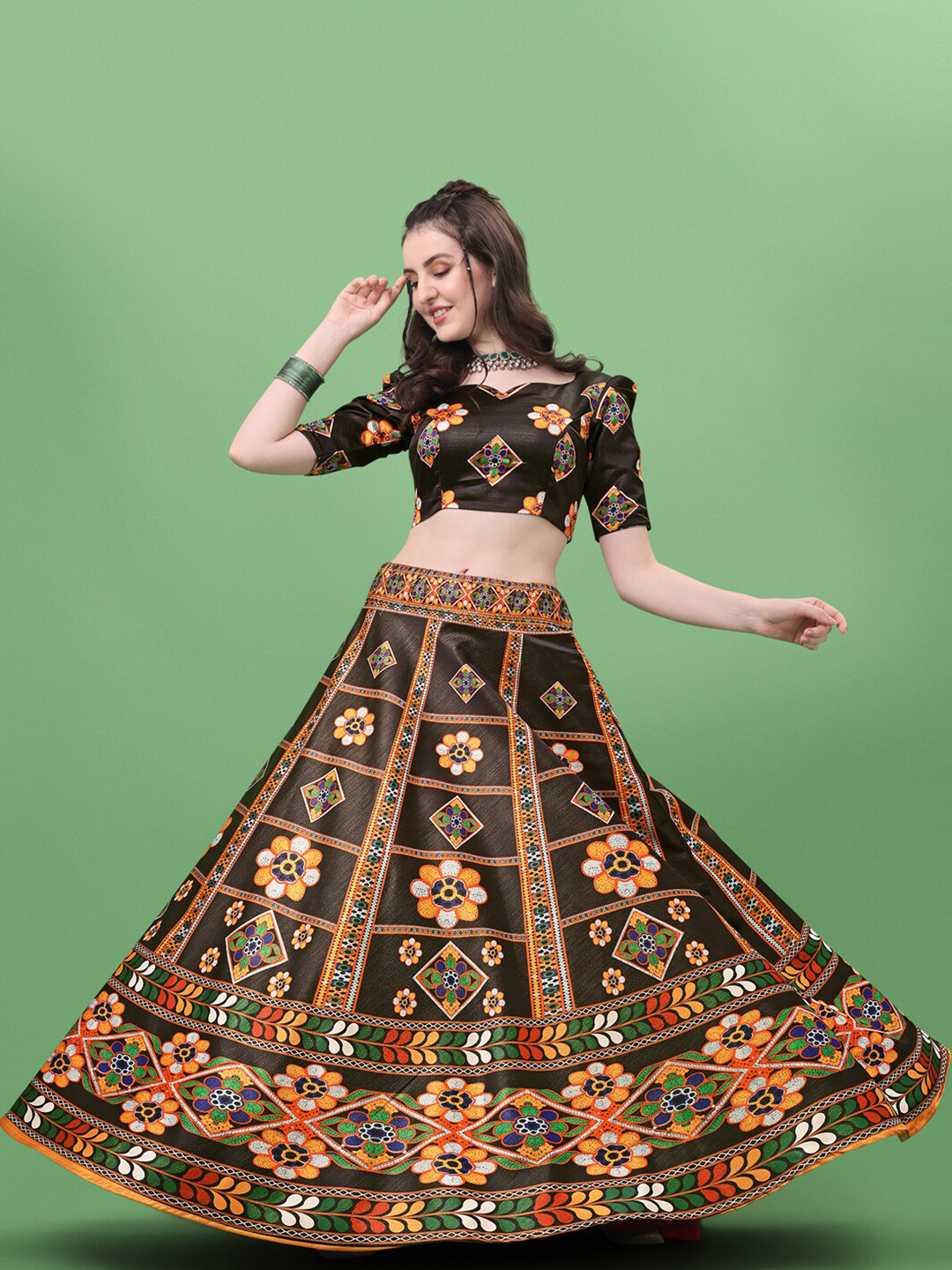 

Fashion Basket Embroidered Semi-Stitched Lehenga & Unstitched Blouse With Dupatta, Black