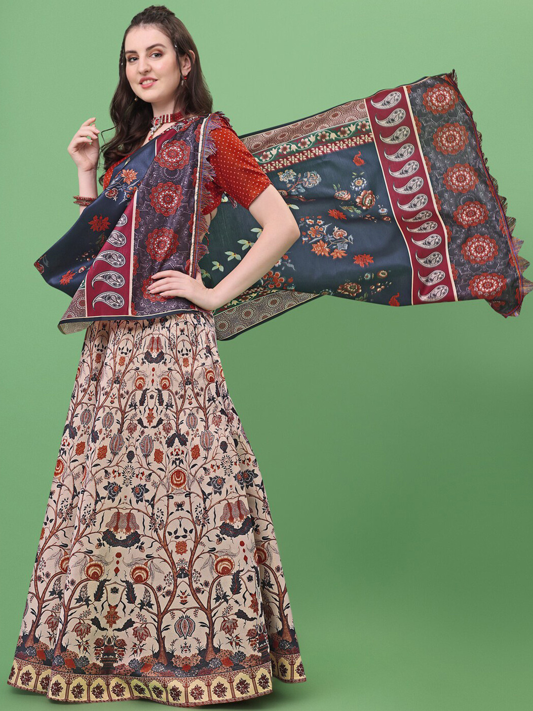

Fashion Basket Printed Semi-Stitched Lehenga & Unstitched Blouse With Dupatta, Red