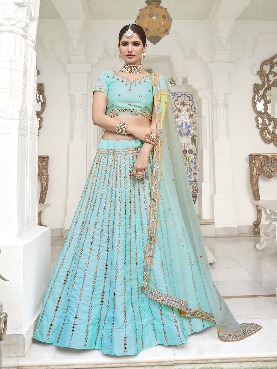 

Fashion Basket Embroidered Thread Work Semi-Stitched Lehenga & Unstitched Blouse With, Blue