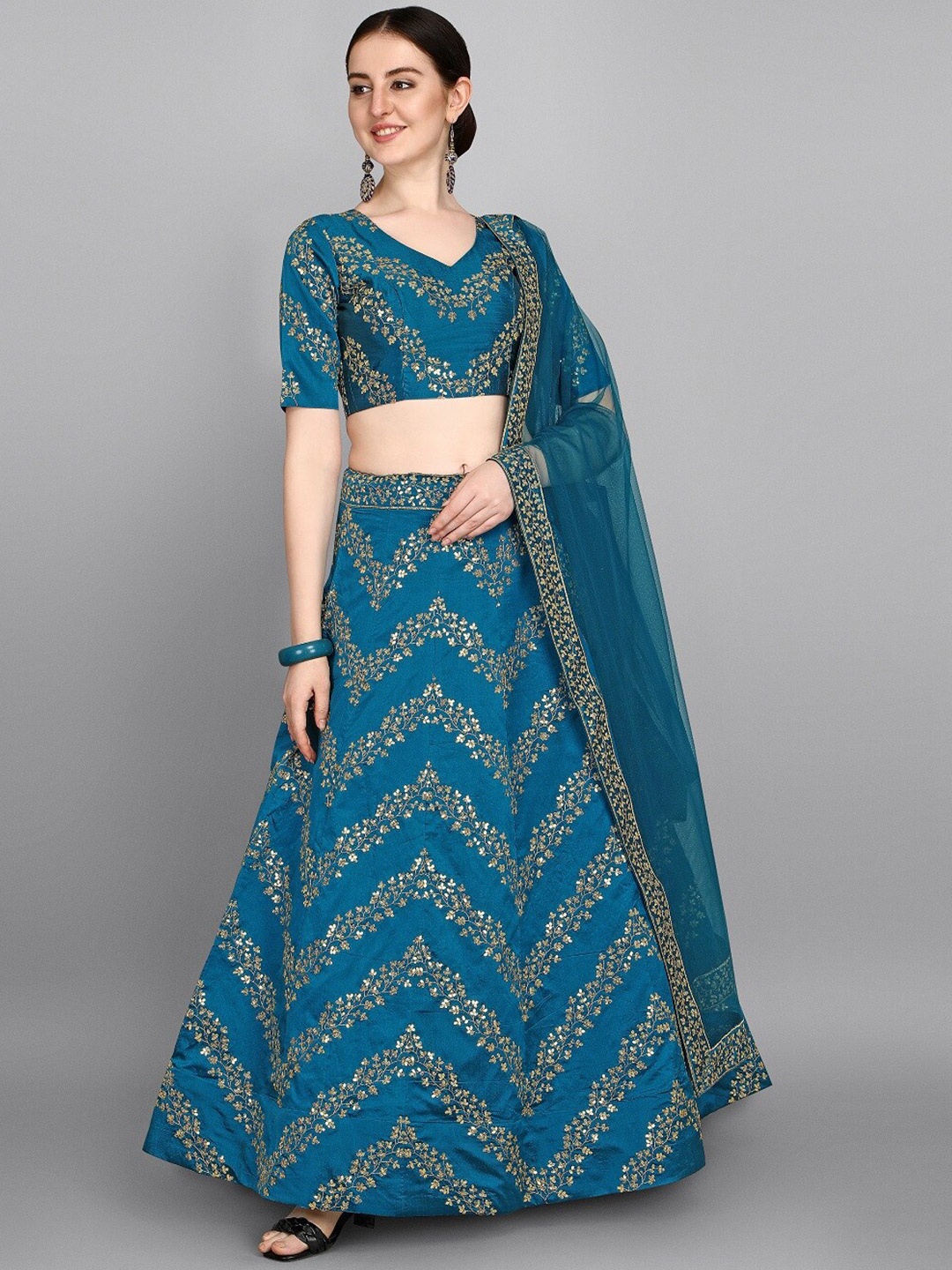 

Fashion Basket Embroidered Thread Work Semi-Stitched Lehenga & Unstitched Blouse With, Blue
