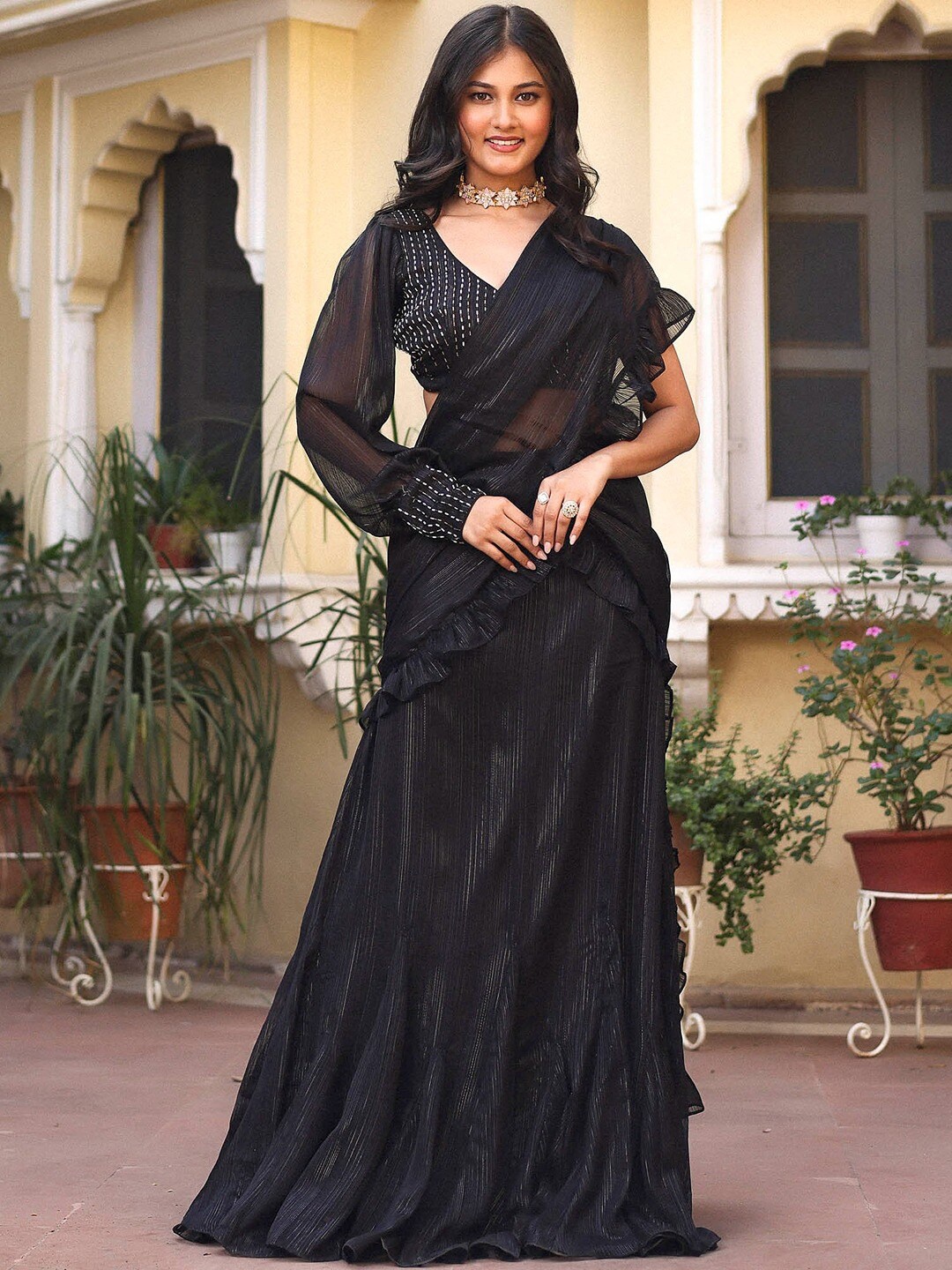 

Lavanya The Label Ready Made Ruffle Saree, Black