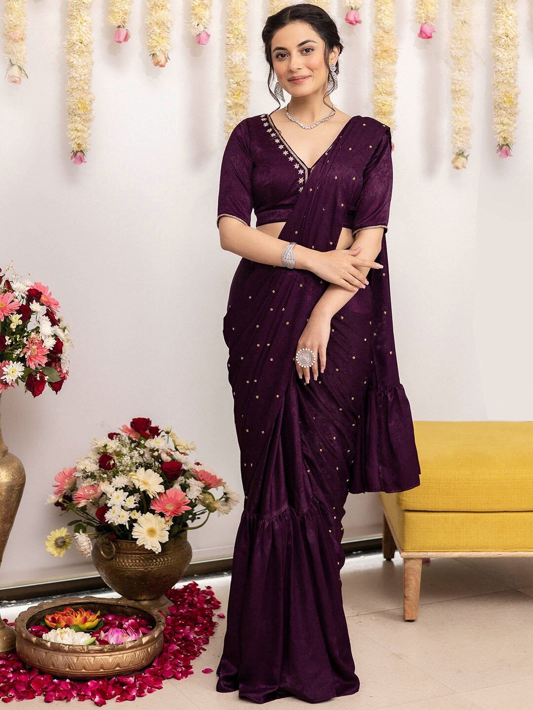 

Lavanya The Label Ready Made Embellished Ruffle Velvet Saree, Purple