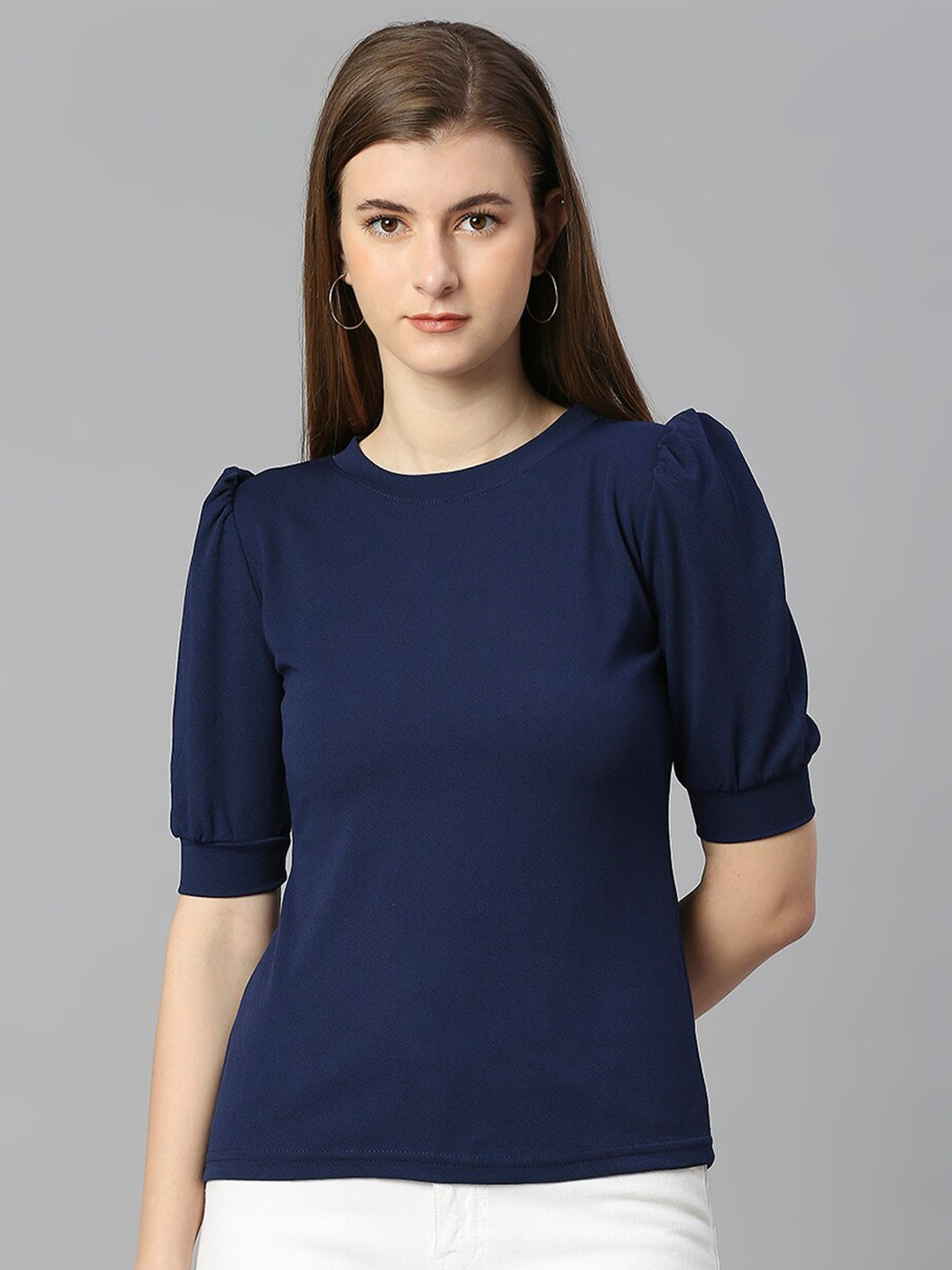 

Ekta Textiles Puff sleeves Round Neck Cotton Lycra Top, Navy blue