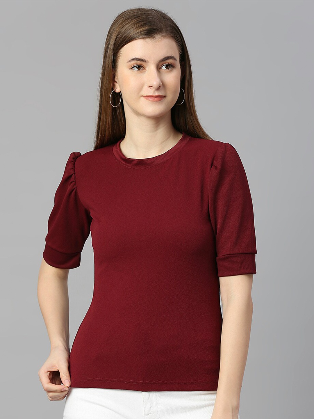 

Ekta Textiles Round Neck Puff Sleeves Regular Top, Burgundy