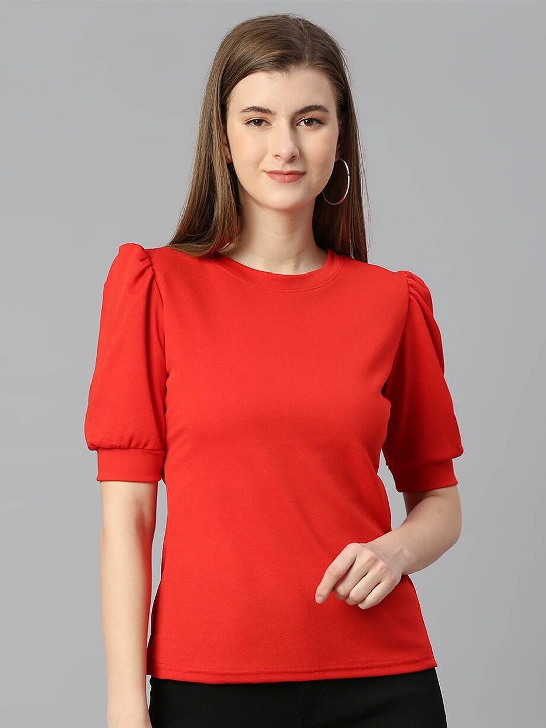

Ekta Textiles Round Neck Puff Sleeves Regular Top, Red