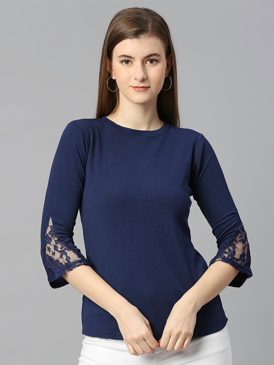 

Ekta Textiles Round Neck Three-Quarter Sleeves Cotton Top, Navy blue