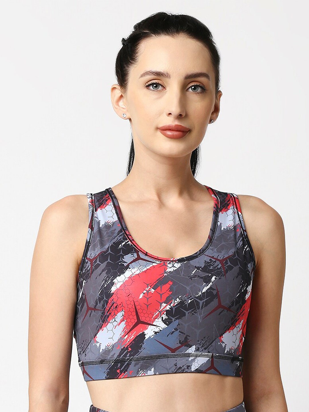 

Soie Printed Medium Impact Quick Dry Racerback Athleisure Sports Bra, Grey