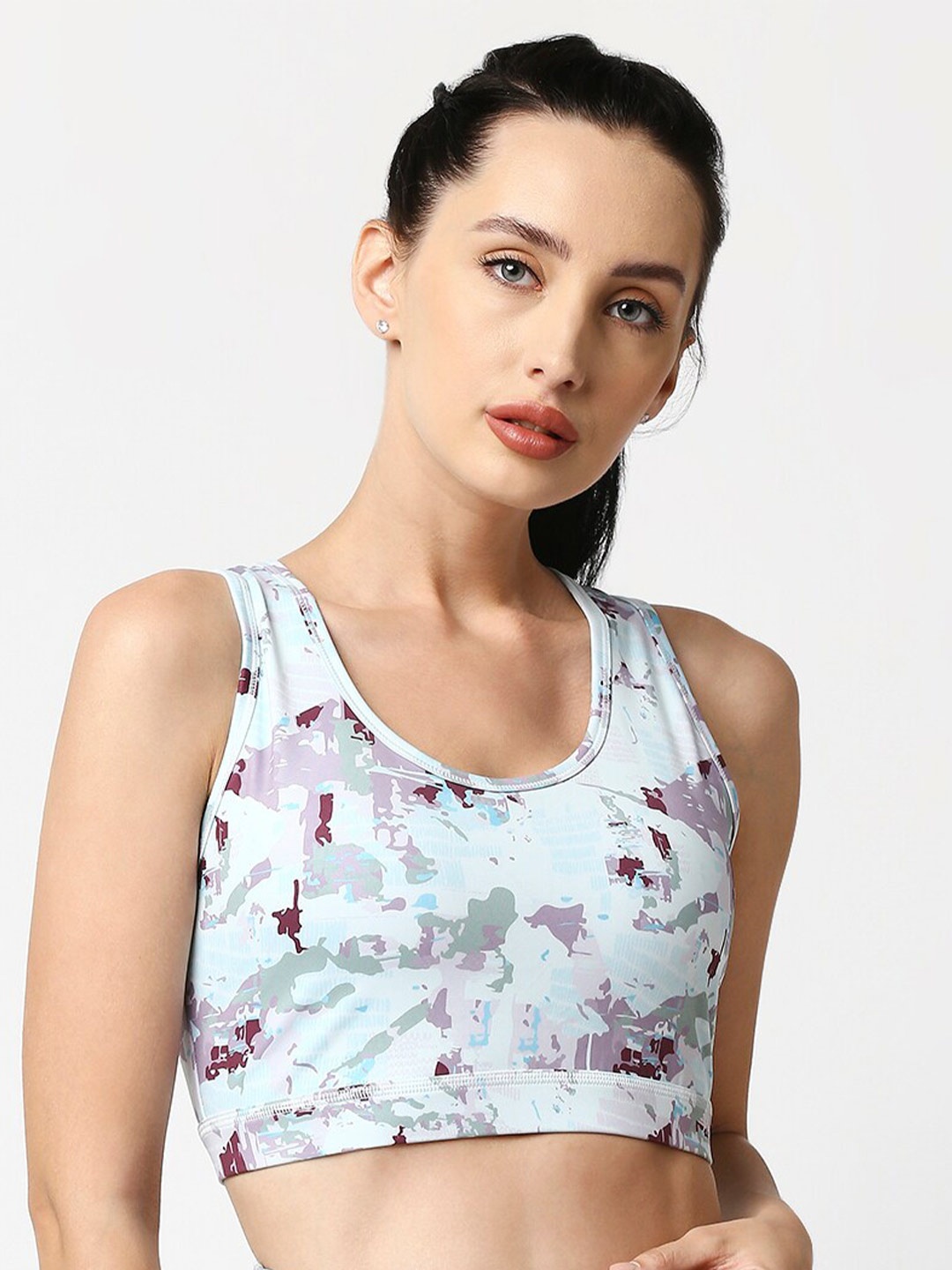 

Soie Women Medium Impact Quick Dry Racerback Printed Athleisure Sports Bra, Blue
