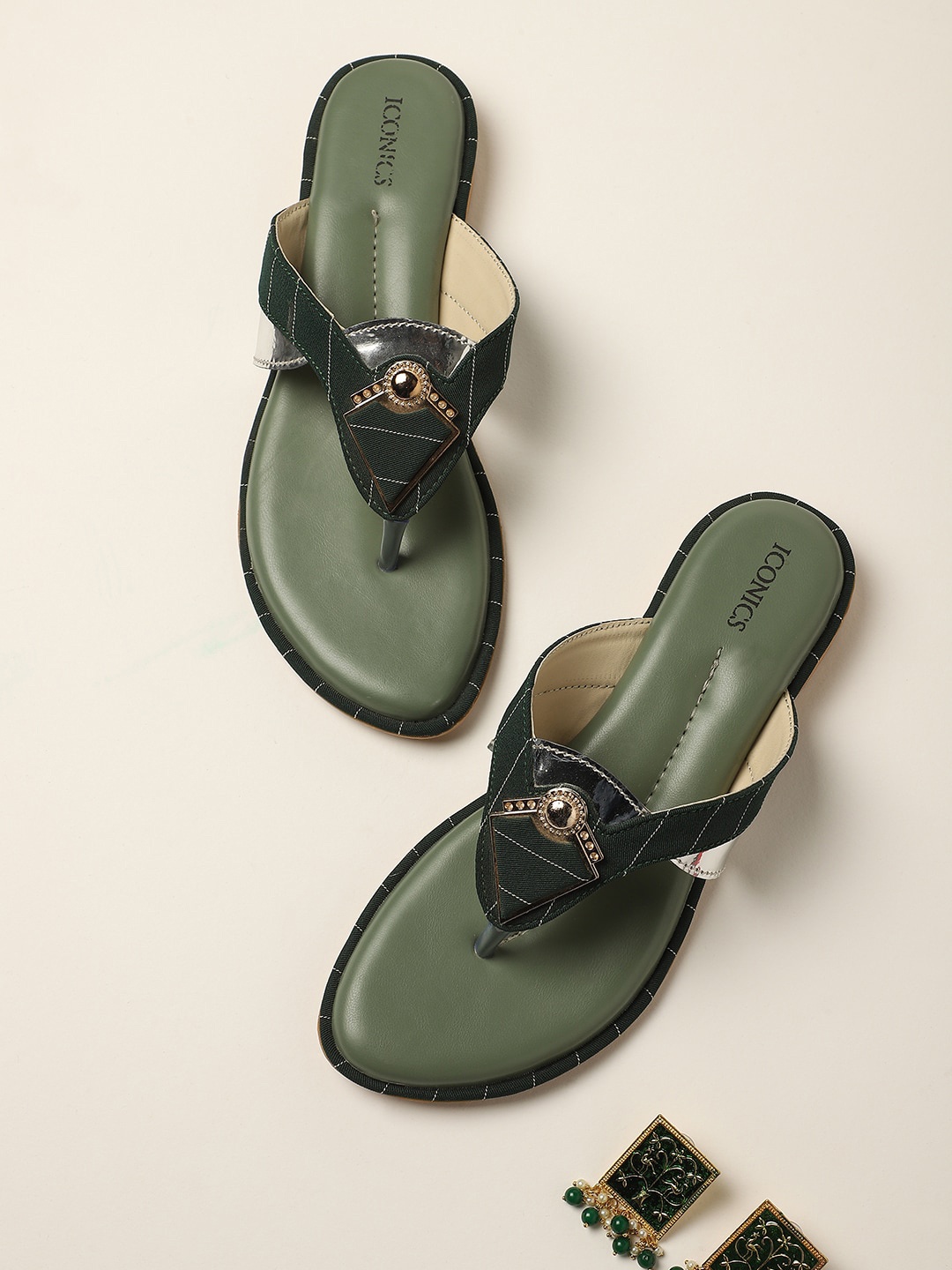 

ICONICS Women Embellished T-Strap Flats, Olive