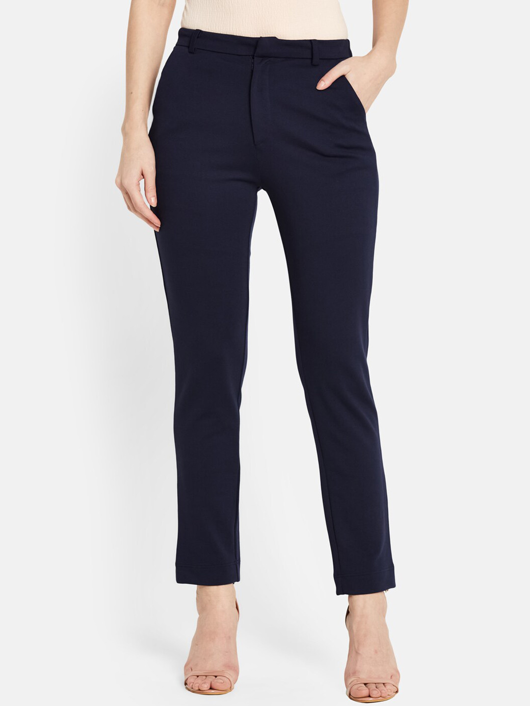 

UNMADE Women Straight Fit Easy Wash Trousers, Navy blue