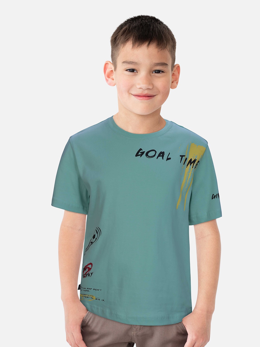 Gini and Jony Boys Typography Printed Cotton T-Shirt, Sea green