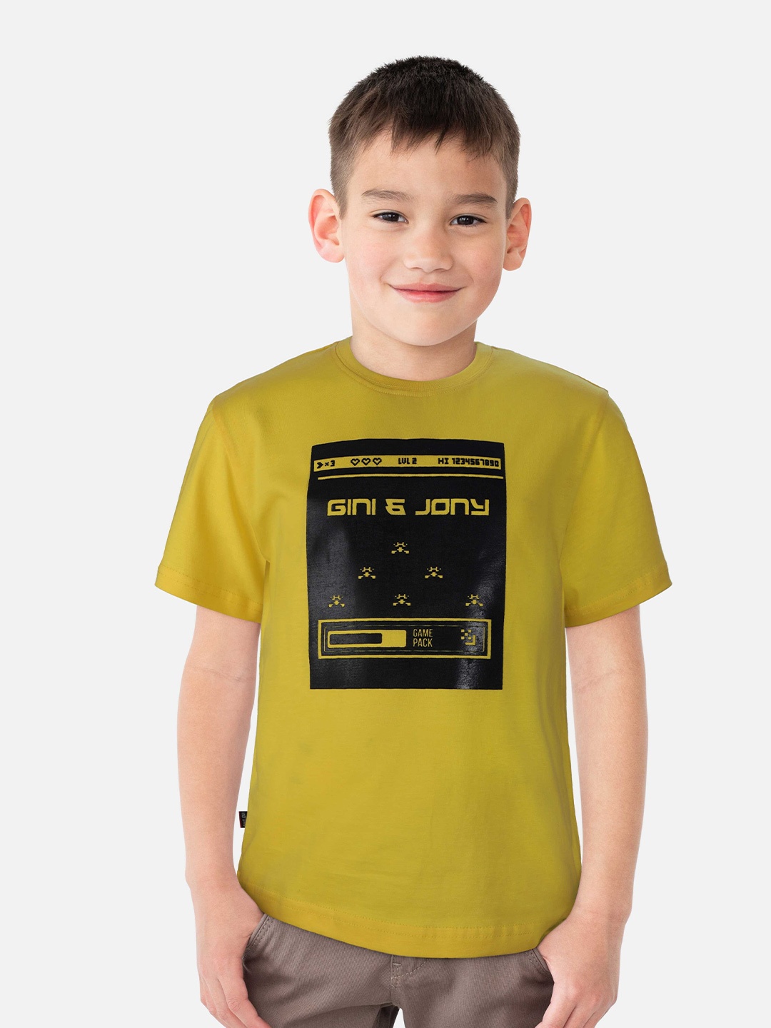 

Gini and Jony Boys Graphic Printed Cotton T-Shirt, Mustard