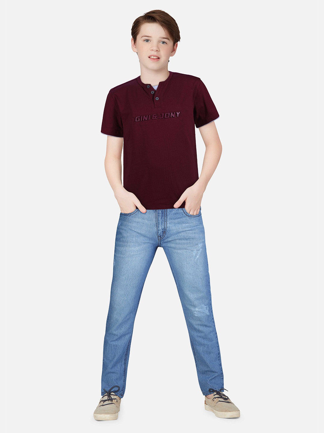 

Gini and Jony Boys Cotton Henley Neck T-shirt, Maroon