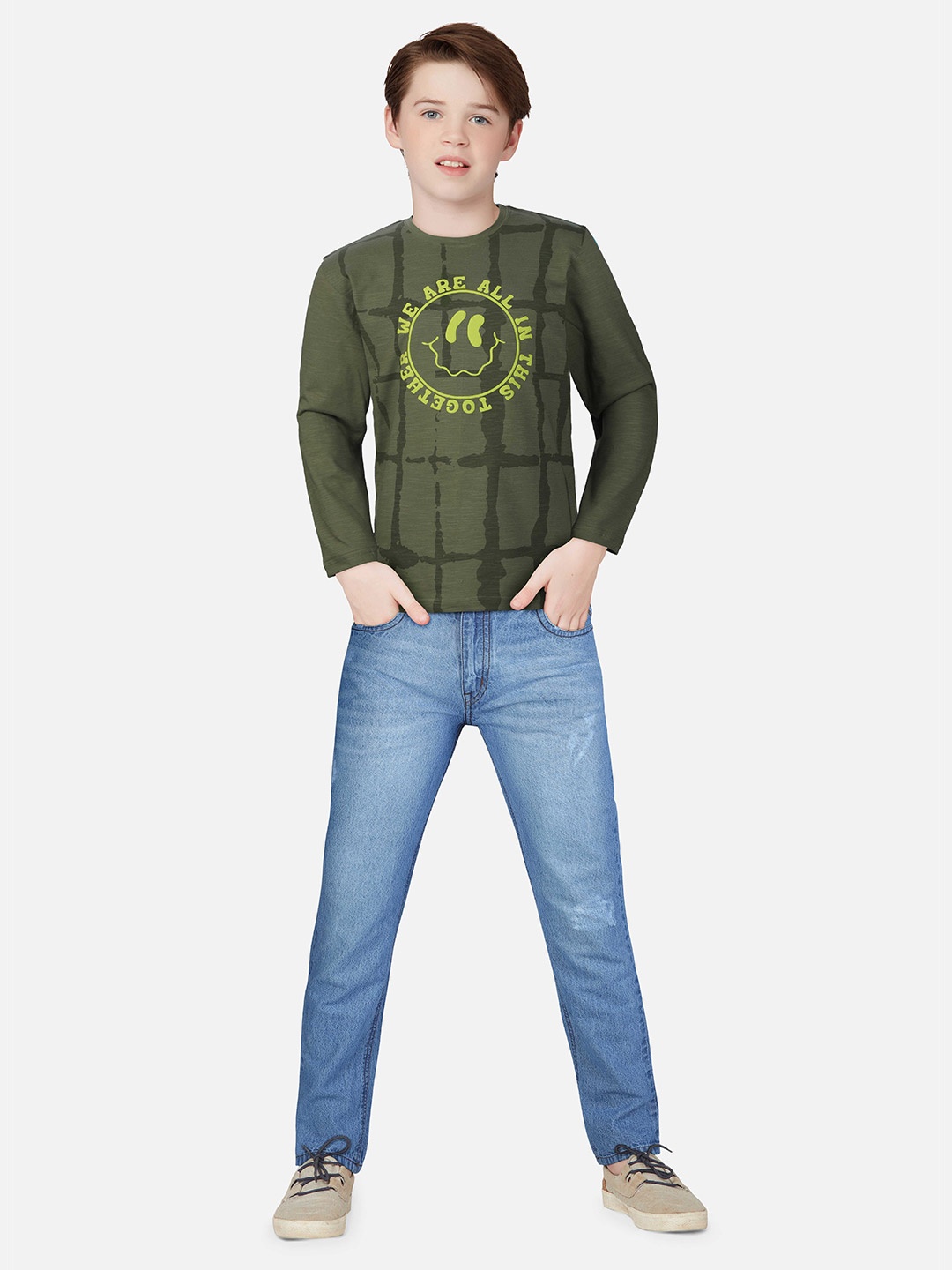 Gini and Jony Boys Printed Cotton T-Shirt, Olive
