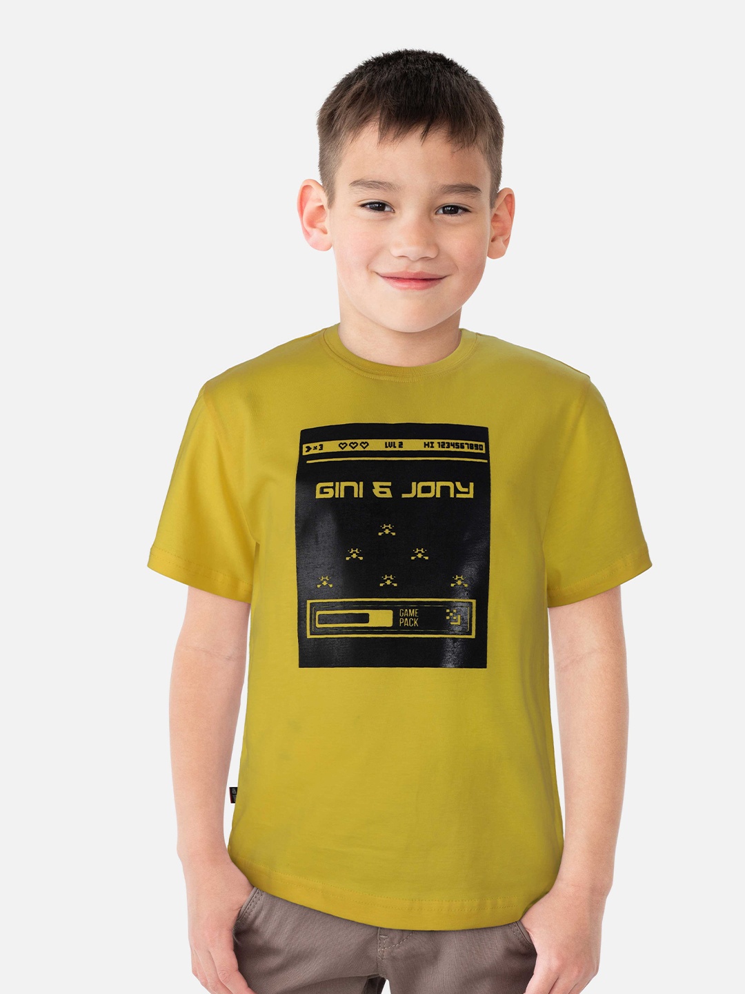 Gini and Jony Boys Typography Printed Cotton T-shirt, Yellow